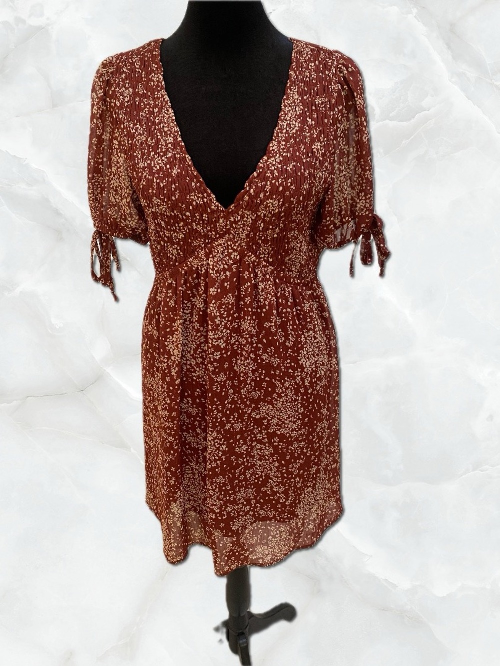 Sienna Sky Rust Floral V-Neck Smocked Mini Dress
